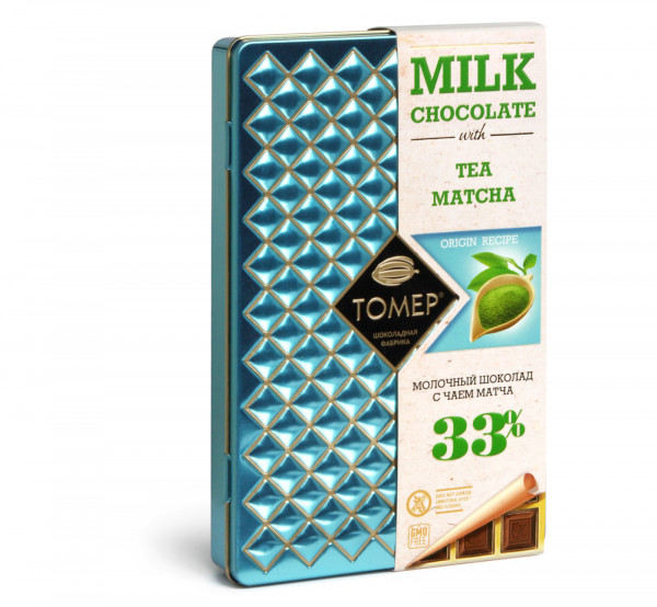 №1 Фабрика Томер металлический бокс Молочный шоколад с чаем МАТЧА ,33%  90г в Георгиевске